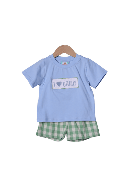 The Smocked Flamingo Apparel & Accessories Smocked I Love Daddy Blue/Mint Linen Short Set