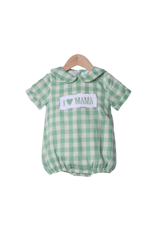 The Smocked Flamingo Apparel & Accessories Smocked I Love Mama Green Gingham Linen Bubble