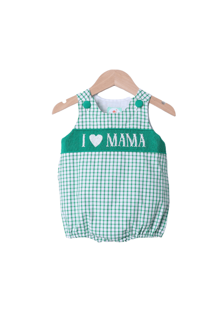 The Smocked Flamingo Apparel & Accessories Smocked I Love Mama Green Windowpane Bubble