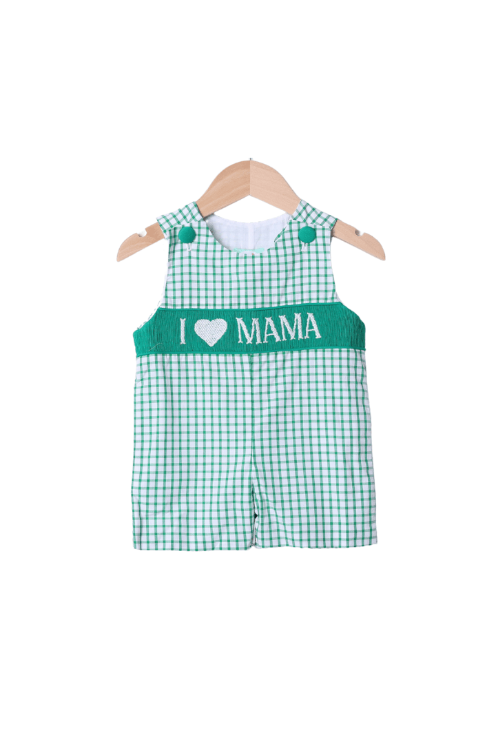 The Smocked Flamingo Apparel & Accessories Smocked I Love Mama Green Windowpane Jon Jon