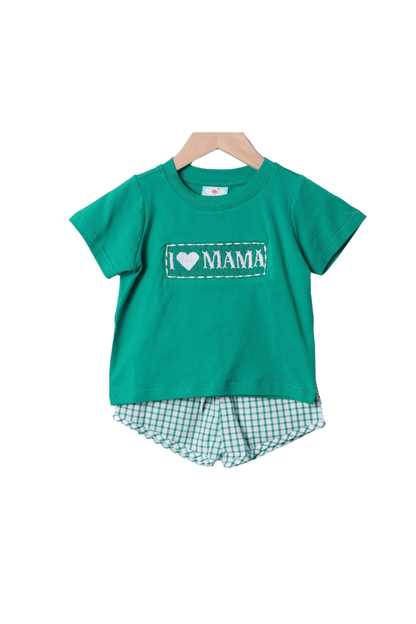 The Smocked Flamingo Apparel & Accessories Smocked I Love Mama Green Windowpane Short Set