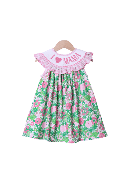 The Smocked Flamingo Apparel & Accessories Smocked I Love Mama Pink and Green Floral Dress