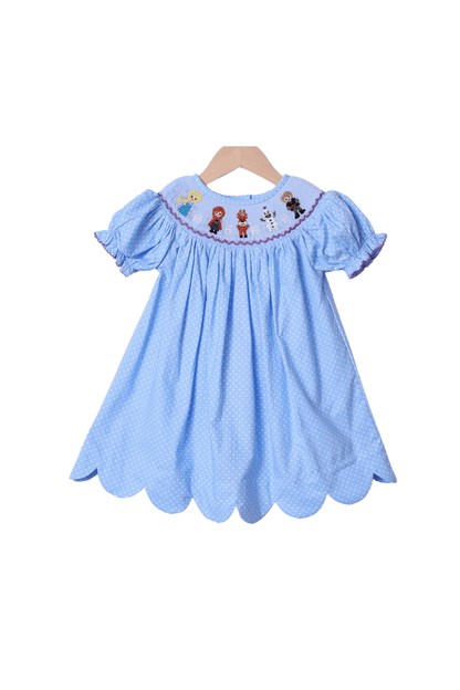 Smocked Ice Princess Blue Bitty Dot Dress 5