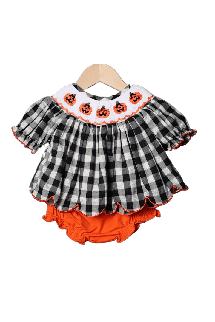 The Smocked Flamingo Apparel & Accessories Smocked Jack O Lantern Black/White Gingham Bloomer Set