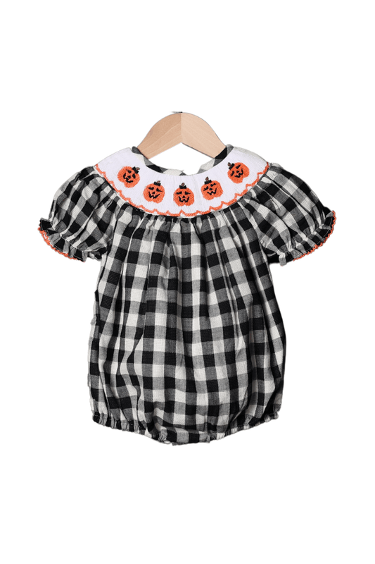 The Smocked Flamingo Apparel & Accessories Smocked Jack O Lantern Black/White Gingham Bubble