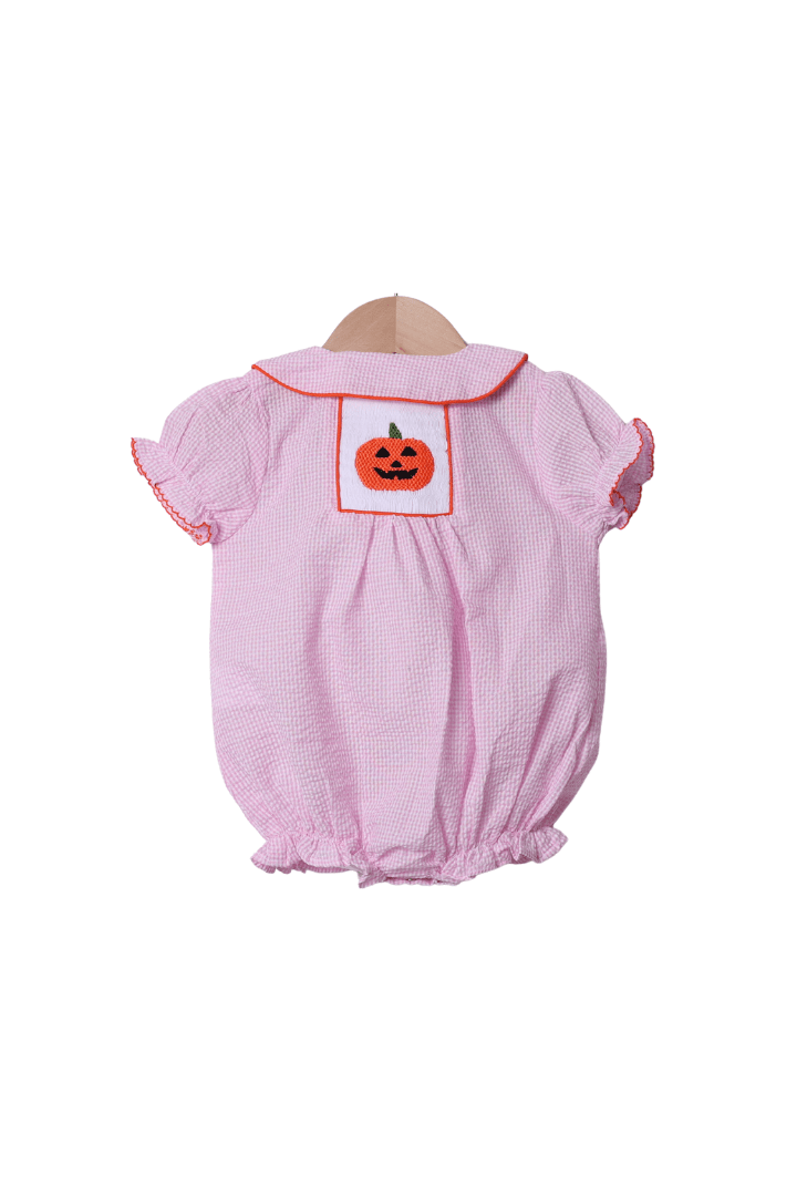 The Smocked Flamingo Apparel & Accessories Smocked Jack O Lantern Pink Seersucker Bubble