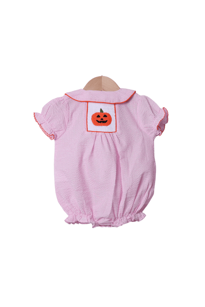 The Smocked Flamingo Apparel & Accessories Smocked Jack O Lantern Pink Seersucker Bubble