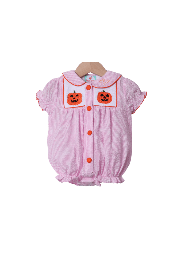 The Smocked Flamingo Apparel & Accessories Smocked Jack O Lantern Pink Seersucker Bubble