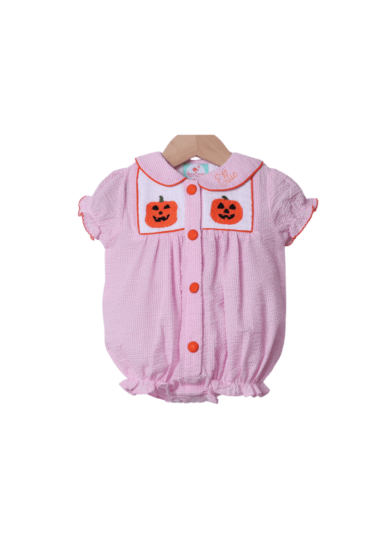 The Smocked Flamingo Apparel & Accessories Smocked Jack O Lantern Pink Seersucker Bubble