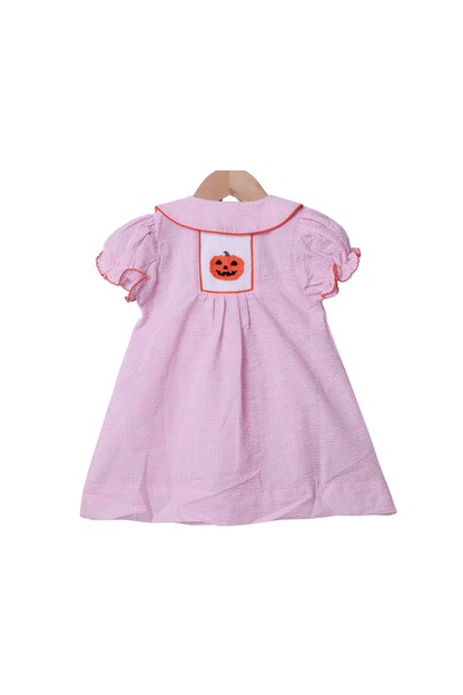 The Smocked Flamingo Apparel & Accessories Smocked Jack O Lantern Pink Seersucker Dress