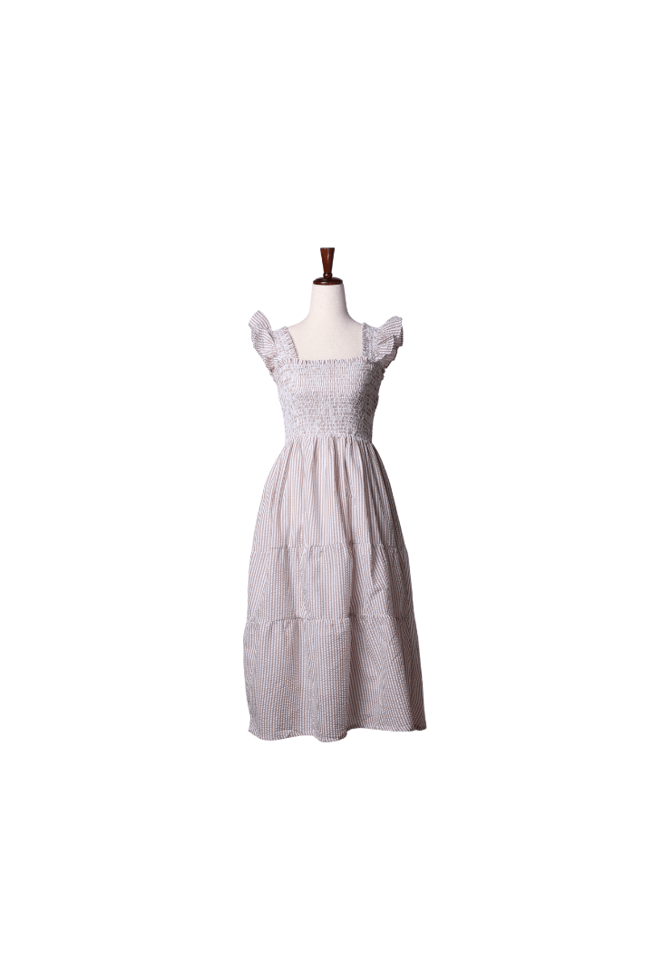 The Smocked Flamingo Apparel & Accessories Smocked Khaki Seersucker Mom Dress