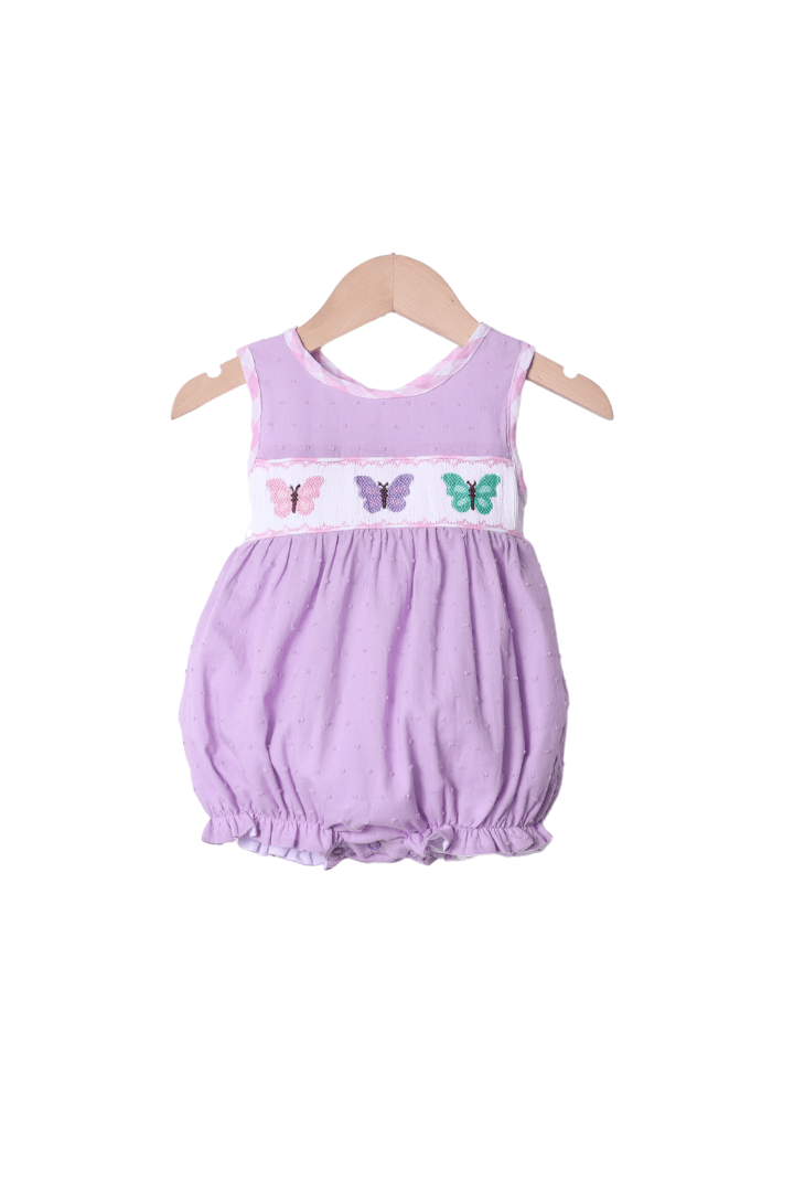 The Smocked Flamingo Apparel & Accessories Smocked Lavender/Pink Swiss Dot Butterfly Bubble