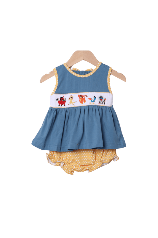 The Smocked Flamingo Apparel & Accessories Smocked Lion and Friends Stone Blue Bloomer Set