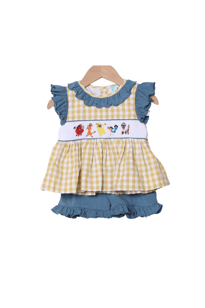 The Smocked Flamingo Apparel & Accessories Smocked Lion Friends Blue Stone Yellow Seersucker Short Set