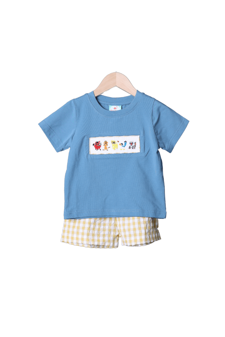 The Smocked Flamingo Apparel & Accessories Smocked Lion Friends Blue Stone Yellow Seersucker Short Set