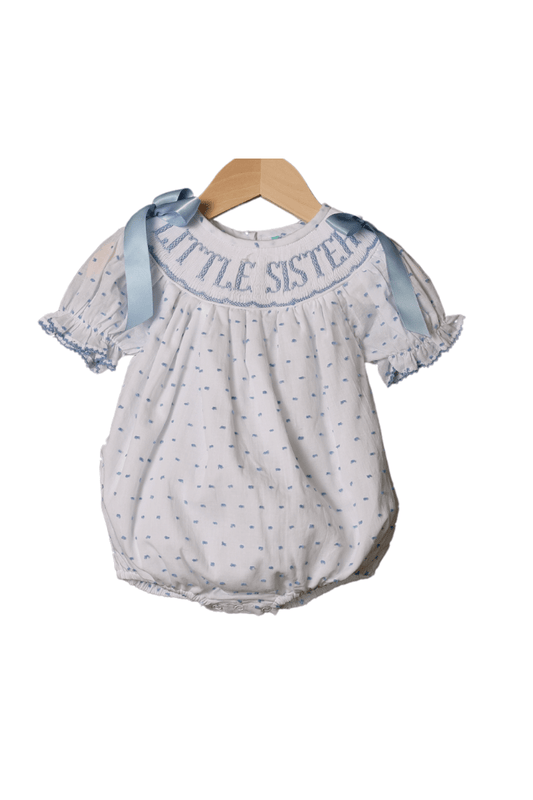 The Smocked Flamingo Apparel & Accessories Smocked Little Sister Blue Swiss Dot Bubble