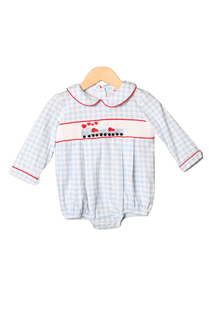 Petit Bebe TRAIN - Lt.blue gingham boy's bubble main image 1