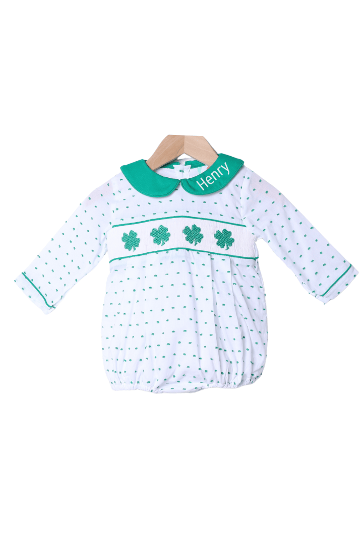 The Smocked Flamingo Apparel & Accessories Smocked Lucky Charm Green Swiss Dot Bubble