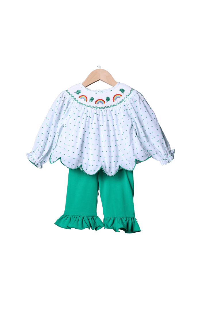 The Smocked Flamingo Apparel & Accessories Smocked Lucky Rainbow Swiss Dot Pant Set