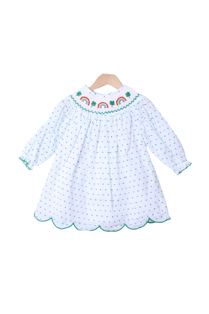 The Smocked Flamingo Apparel & Accessories Smocked Lucky Rainbow Swiss Dot Scalloped Dress