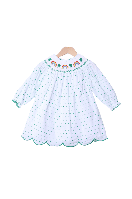 The Smocked Flamingo Apparel & Accessories Smocked Lucky Rainbow Swiss Dot Scalloped Dress