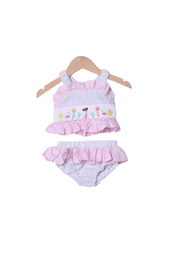 The Smocked Flamingo Apparel & Accessories Smocked Mermaid Pink and Mint Seersucker 2 pc Swimsuit