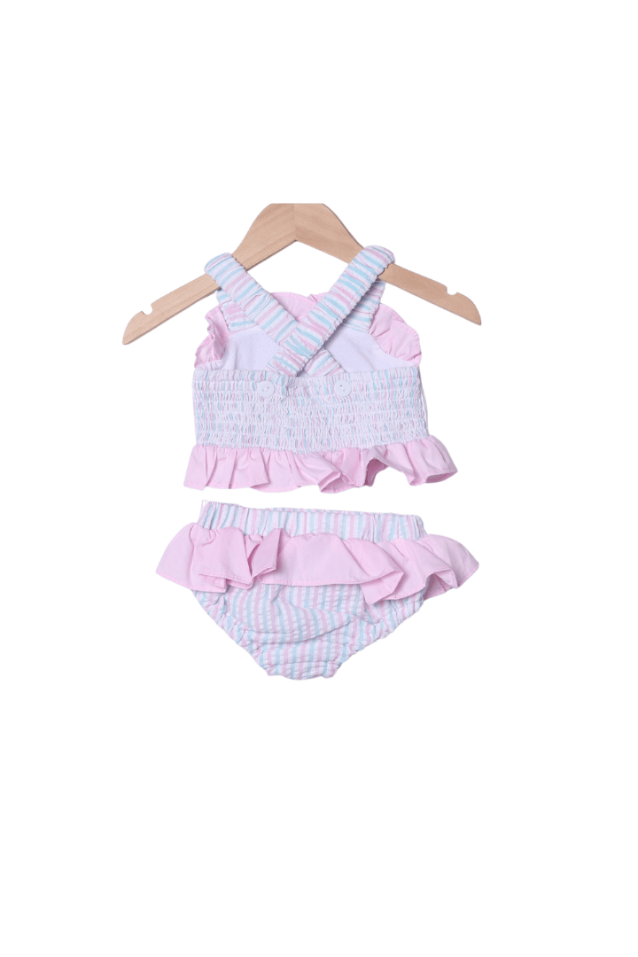 The Smocked Flamingo Apparel & Accessories Smocked Mermaid Pink and Mint Seersucker 2 pc Swimsuit