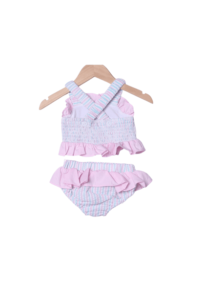 The Smocked Flamingo Apparel & Accessories Smocked Mermaid Pink and Mint Seersucker 2 pc Swimsuit