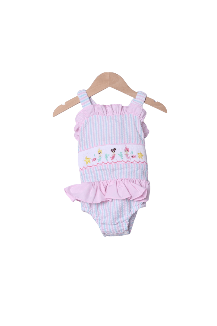 The Smocked Flamingo Apparel & Accessories Smocked Mermaid Pink and Mint Seersucker Swimsuit