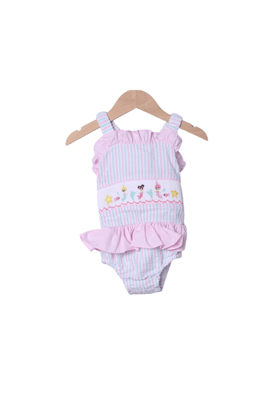 The Smocked Flamingo Apparel & Accessories Smocked Mermaid Pink and Mint Seersucker Swimsuit