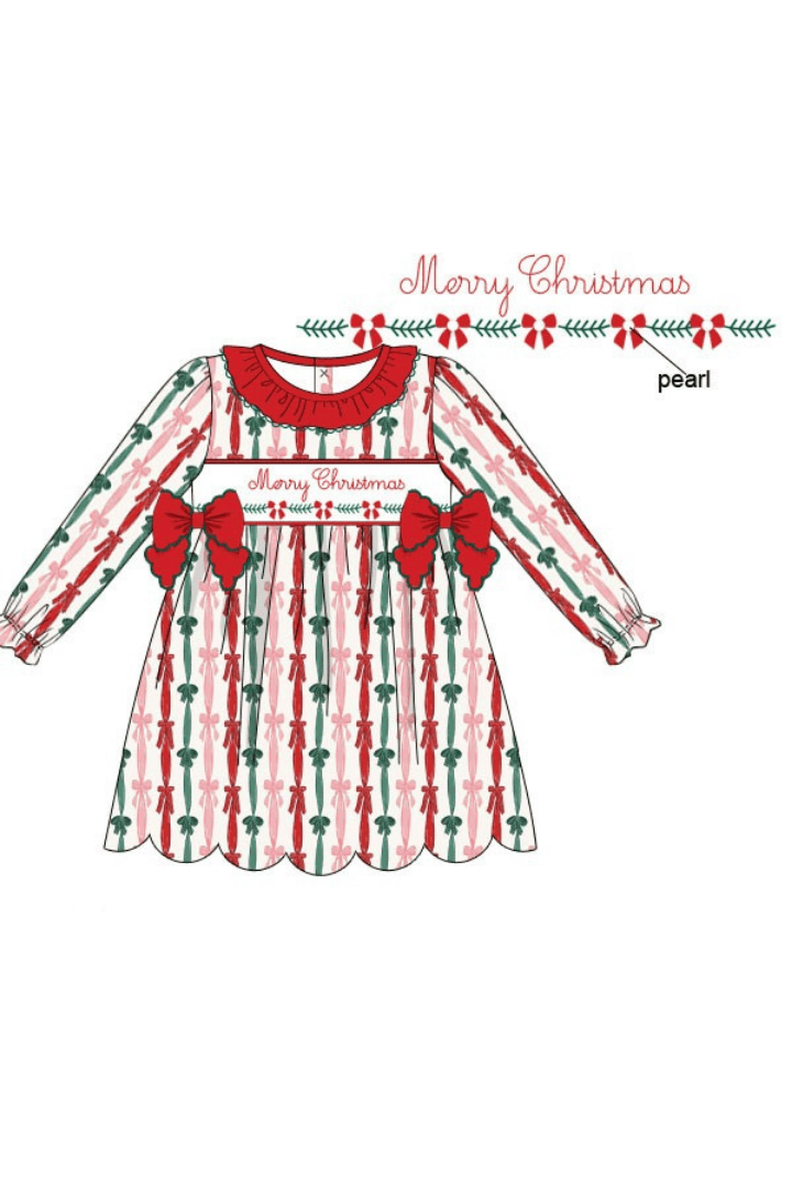 The Smocked Flamingo Apparel & Accessories Smocked Merry Christmas Holly Scalloped Dress