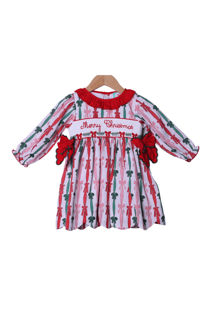 The Smocked Flamingo Apparel & Accessories Smocked Merry Christmas Holly Scalloped Dress