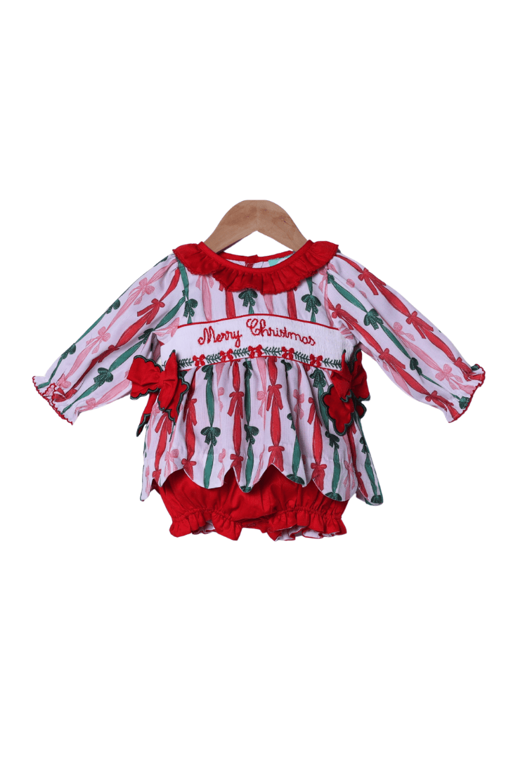 The Smocked Flamingo Apparel & Accessories Smocked Merry Christmas Holly Scalloped Skirted Bubble