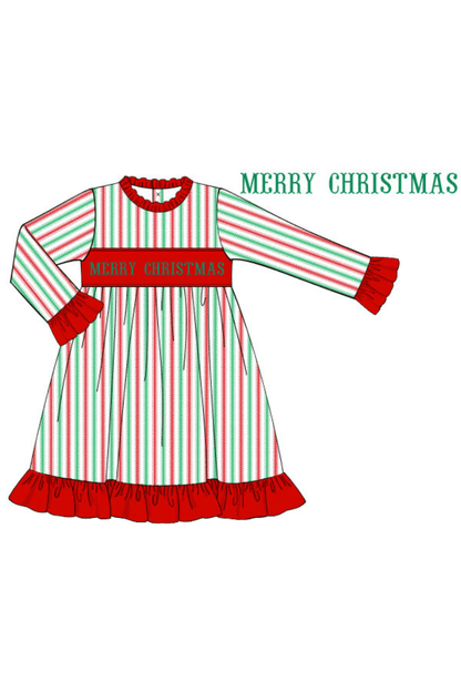 The Smocked Flamingo Apparel & Accessories Smocked Merry Christmas Red and Green Stripe Gown