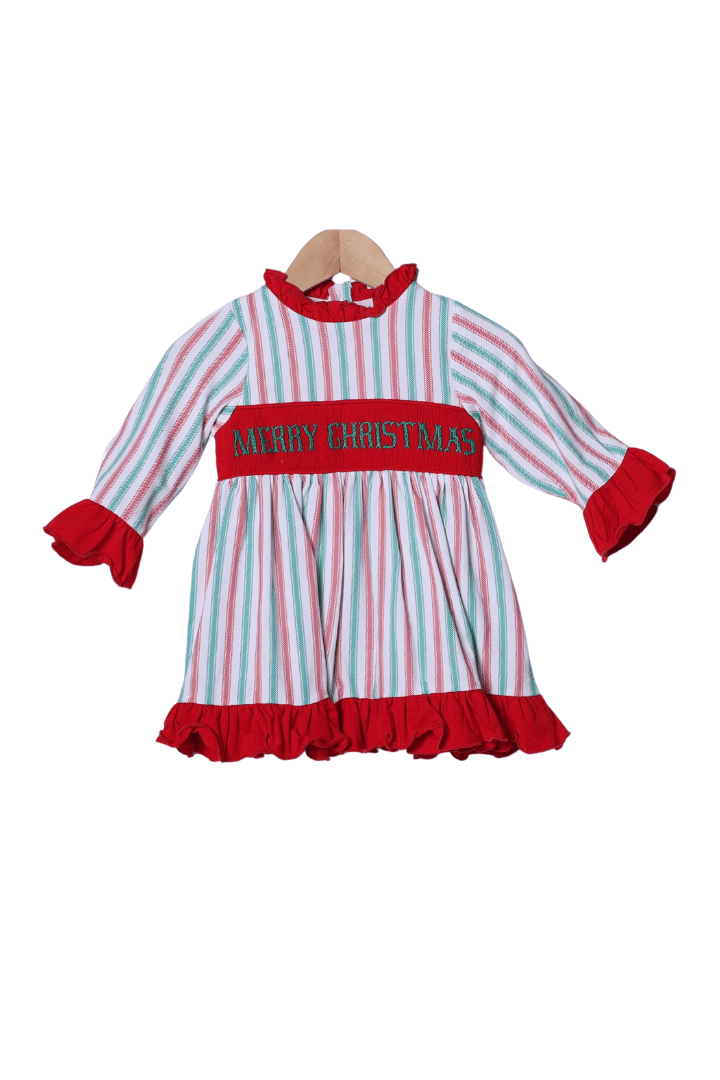 The Smocked Flamingo Apparel & Accessories Smocked Merry Christmas Red and Green Stripe Gown