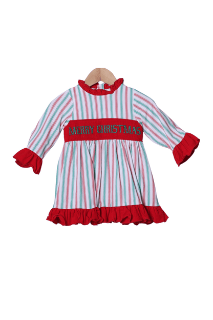 The Smocked Flamingo Apparel & Accessories Smocked Merry Christmas Red and Green Stripe Gown