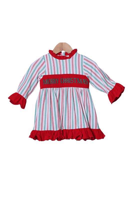 The Smocked Flamingo Apparel & Accessories Smocked Merry Christmas Red and Green Stripe Gown