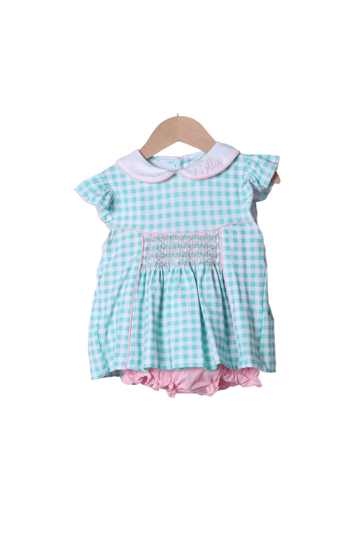 The Smocked Flamingo Apparel & Accessories Smocked Mint Gingham Skirted Bubble