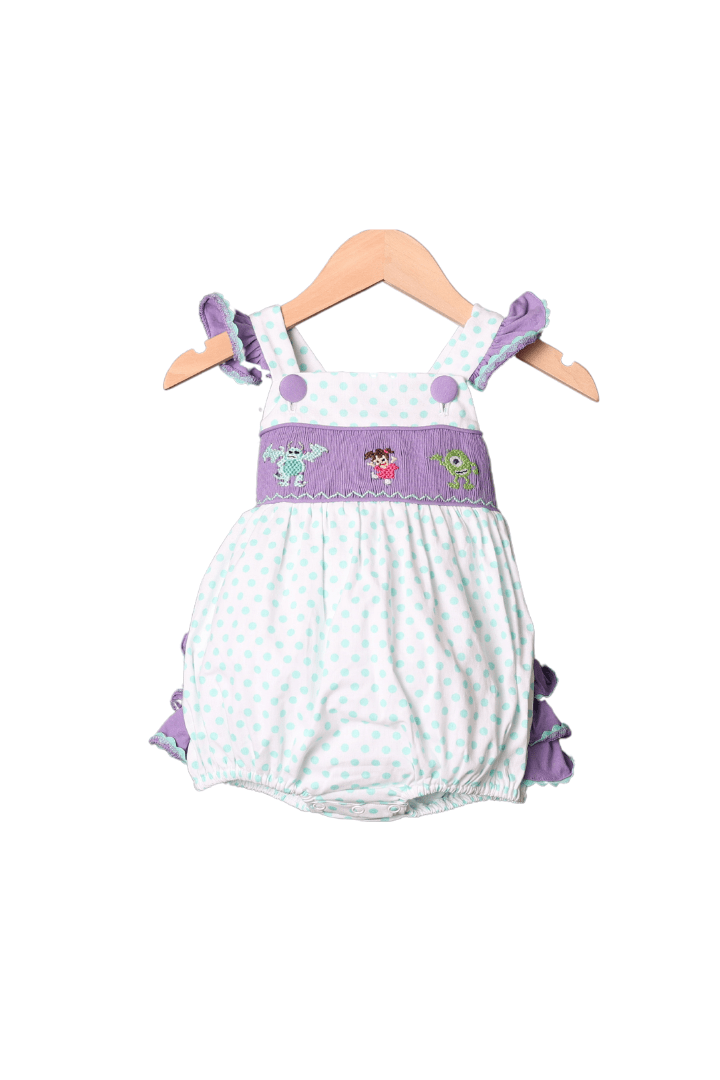 The Smocked Flamingo Apparel & Accessories Smocked Monsters Mint and Lavender Ruffle Bubble