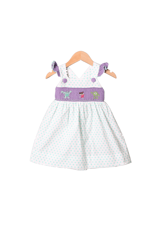 The Smocked Flamingo Apparel & Accessories Smocked Monsters Mint and Lavender Ruffle Dress