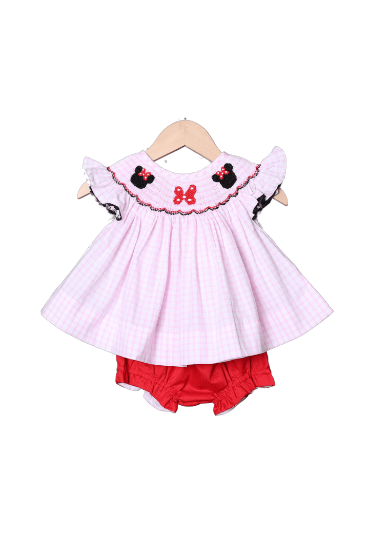 The Smocked Flamingo Apparel & Accessories Smocked Mouse and Bow Windowpane Bloomer Set