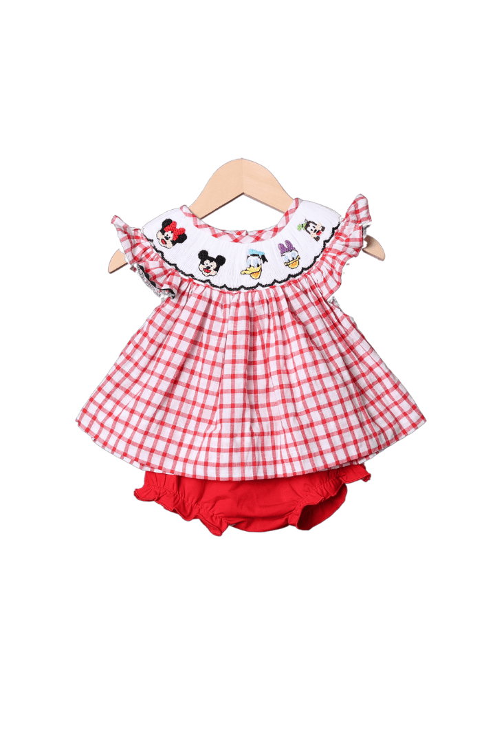 The Smocked Flamingo Apparel & Accessories Smocked Mouse and Friends Red Windowpane Bloomer Set