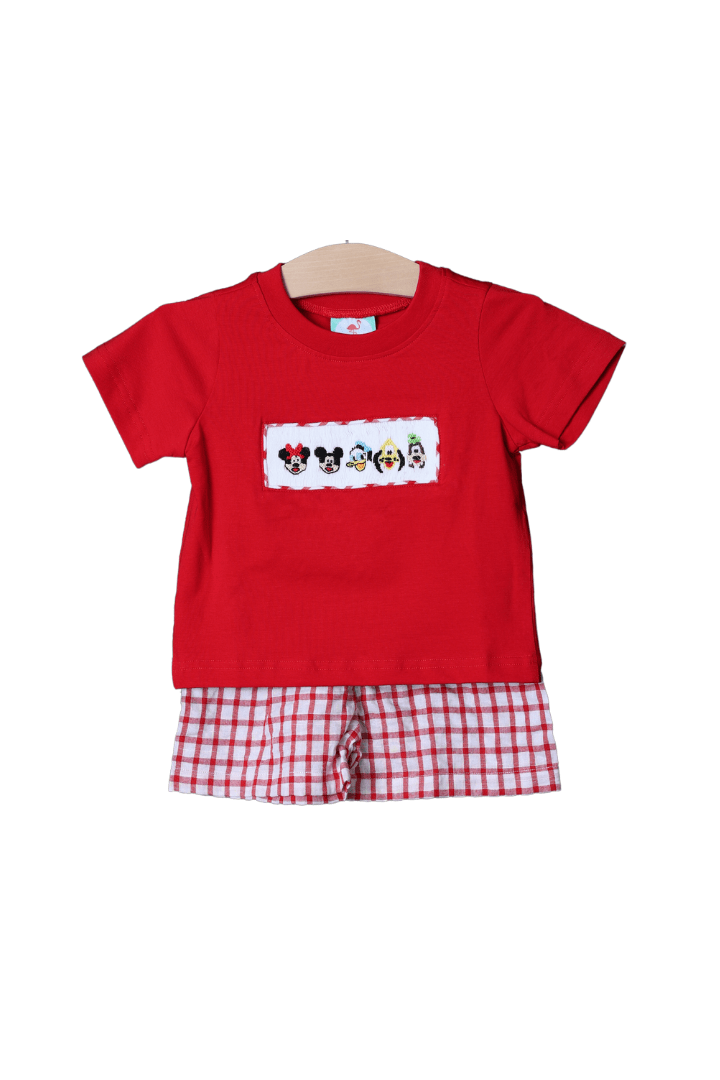 The Smocked Flamingo Apparel & Accessories Smocked Mouse and Friends Red Windowpane Short Set