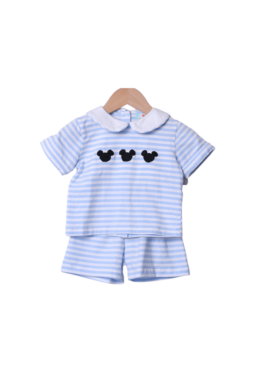 The Smocked Flamingo Apparel & Accessories Smocked Mouse Blue Stripe Short Set