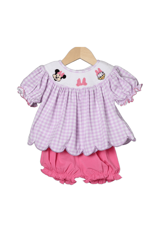 The Smocked Flamingo Apparel & Accessories Smocked Mouse Bow Lavender Gingham Bloomer Set