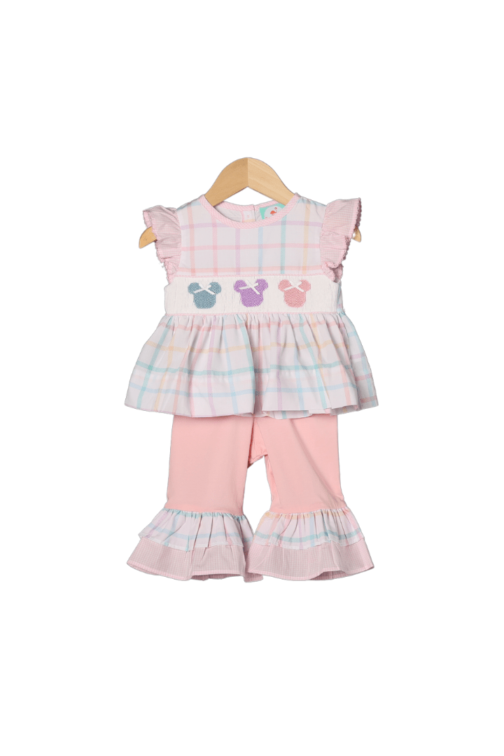 The Smocked Flamingo Apparel & Accessories Smocked Mouse Pastel Plaid Pant Set