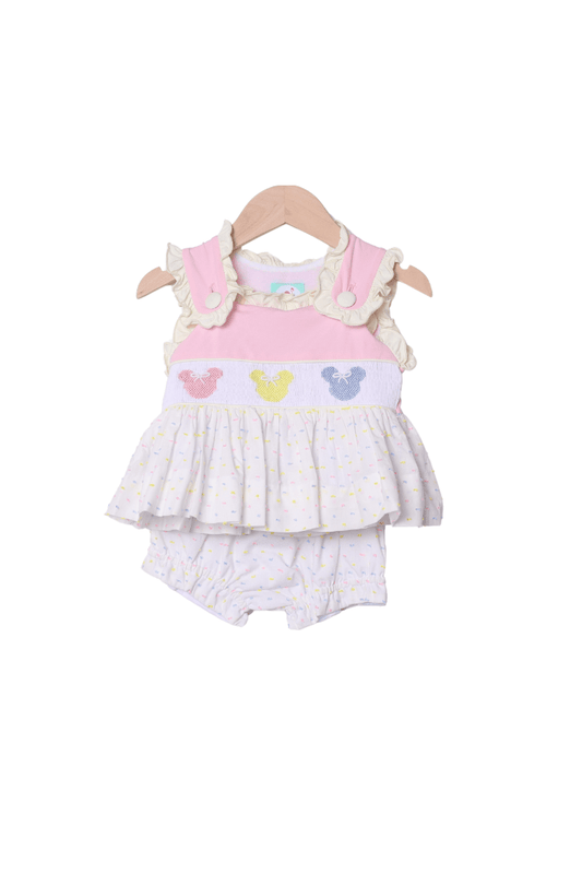 The Smocked Flamingo Apparel & Accessories Smocked Mouse Pastel Swiss Dot Bloomer Set