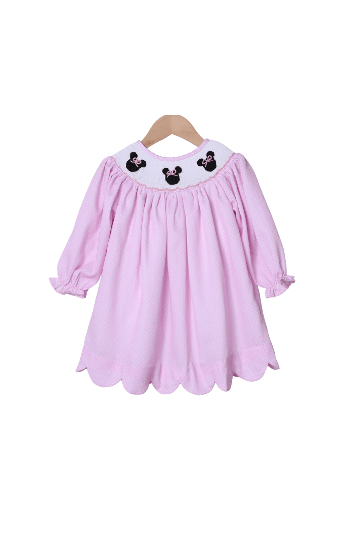 The Smocked Flamingo Apparel & Accessories Smocked Mouse Pink Bitty Dot Long Sleeve Dress