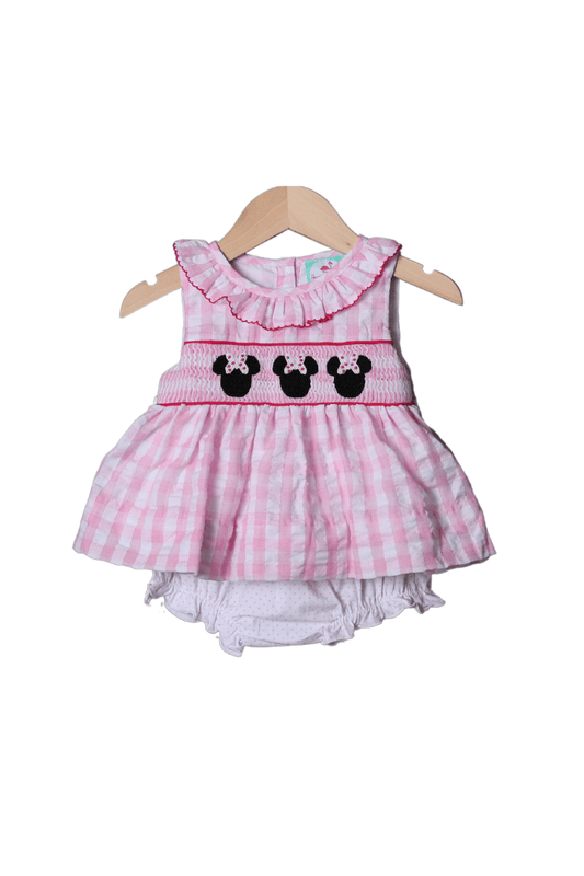 The Smocked Flamingo Apparel & Accessories Smocked Mouse Pink Gingham Seersucker Bloomer Set