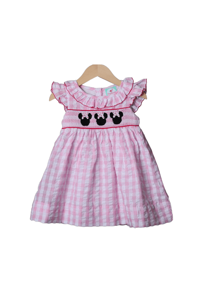 The Smocked Flamingo Apparel & Accessories Smocked Mouse Pink Gingham Seersucker Dress